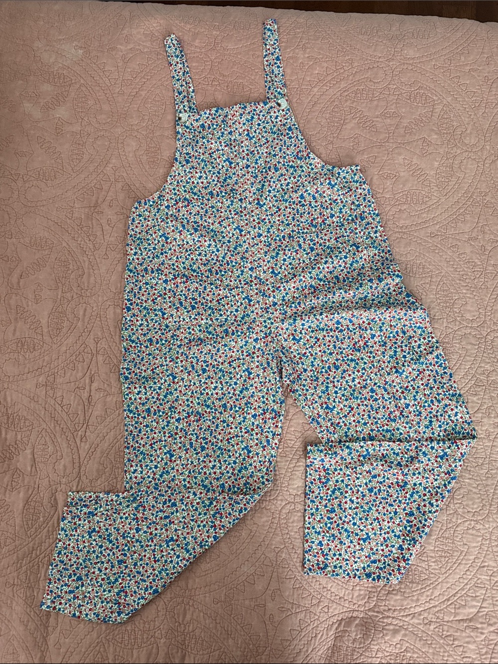 Floral Print Cotton Overalls in White, Blue & Pink